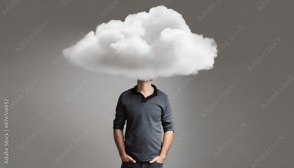 Man head in clouds, depression and fatigue at work. Man with cloud over his head depicting solitude and depression Man head in clouds, depression and fatigue at work. Man with cloud over his head depicting solitude and depression