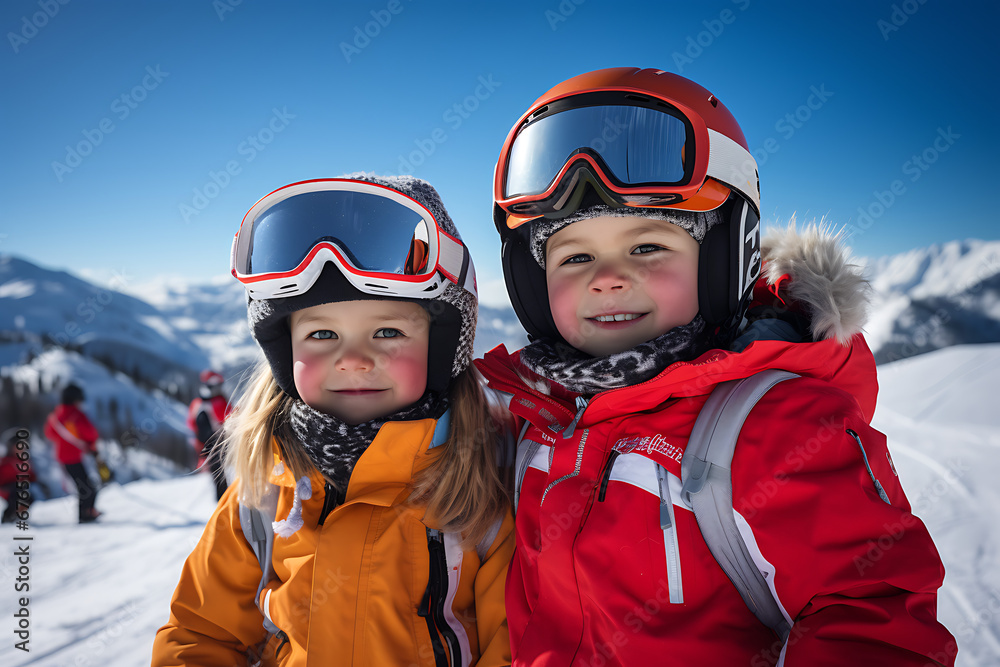 Niño esquiando en montaña cubierta de nieve Niño esquiando en montaña cubierta de nieve