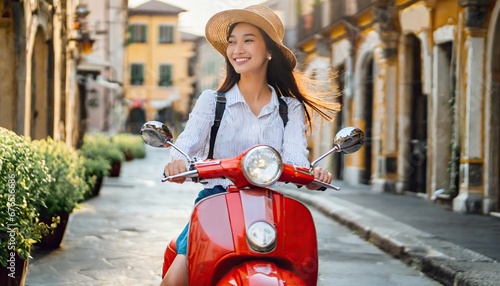 Young woman riding a vintage red scooter in the city streets of Italy, travel, summer vacation