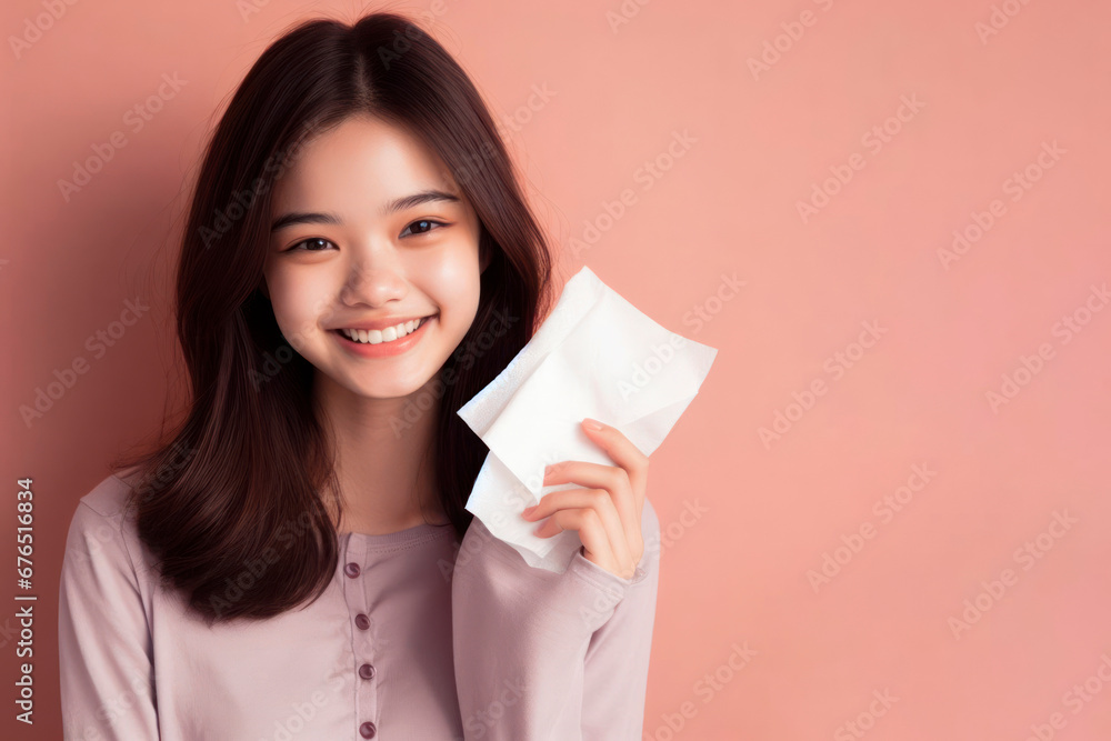 happy smiling teenage girl with paper napkins, who has recovered from a cold. ai generative happy smiling teenage girl with paper napkins, who has recovered from a cold. ai generative