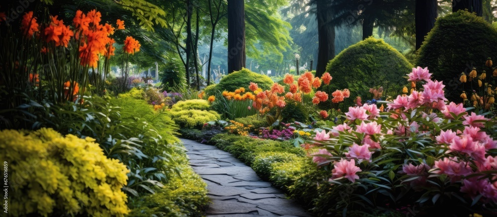 Obraz premium In the summer garden the beautiful backdrop of lush green foliage creates a stunning display of natural beauty with colorful floral blossoms yellow flowers and a variety of plants showcasin