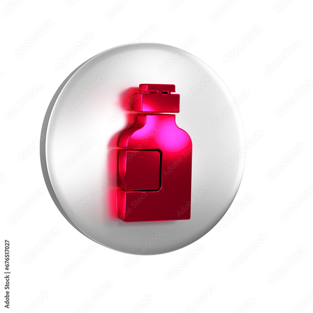 Red Bottle of medicine syrup icon isolated on transparent background. Silver circle button. Red Bottle of medicine syrup icon isolated on transparent background. Silver circle button.
