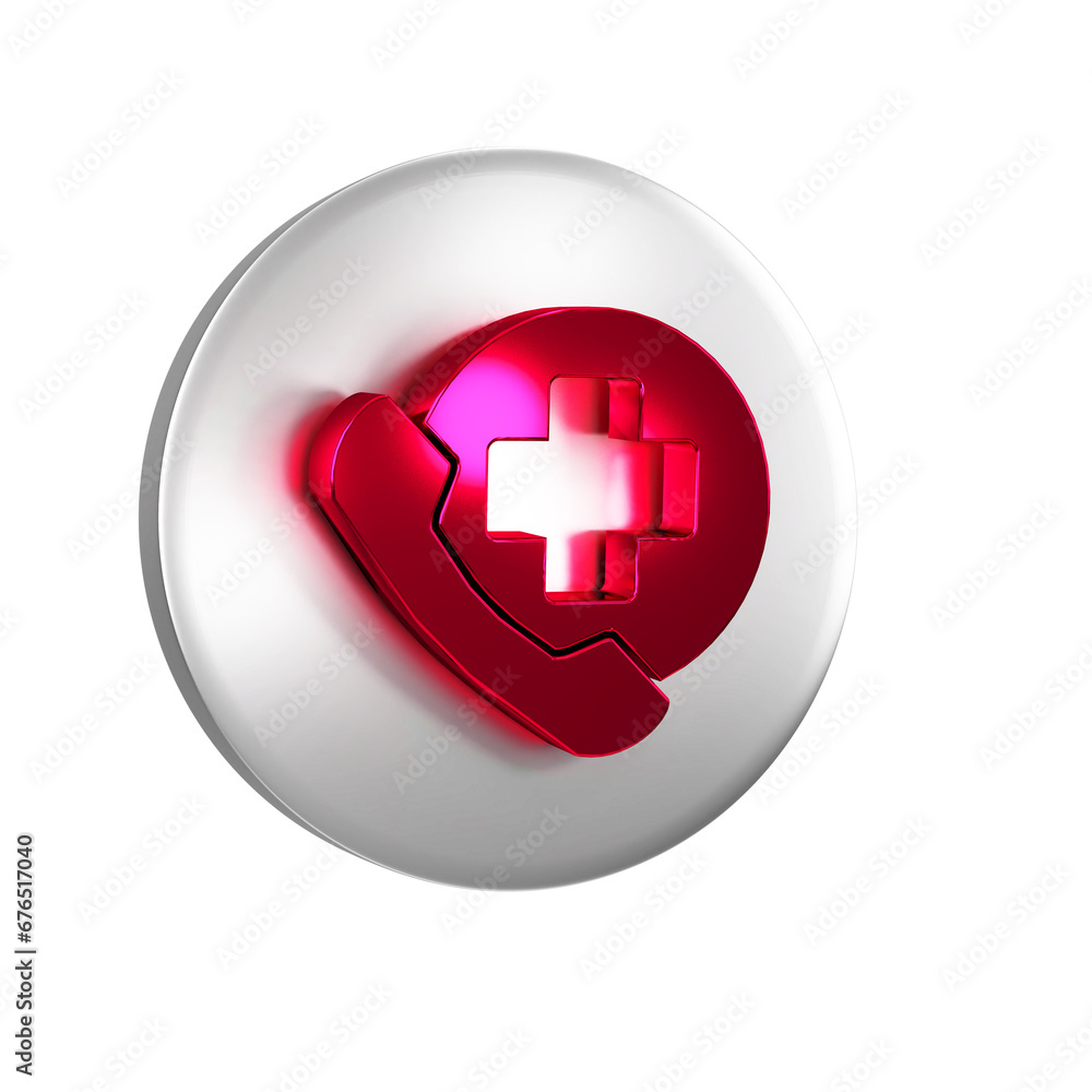 Red Emergency phone call to hospital icon isolated on transparent background. Silver circle button. Red Emergency phone call to hospital icon isolated on transparent background. Silver circle button.