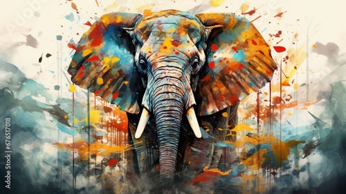 Elephant portrait with colorful double exposure paint