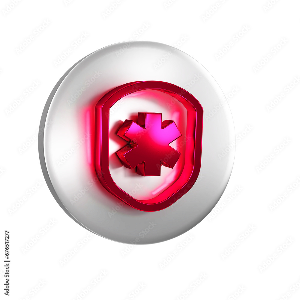 Red Medical shield with cross icon isolated on transparent background. Protection, safety, password security. Silver circle button. Red Medical shield with cross icon isolated on transparent background. Protection, safety, password security. Silver circle button.