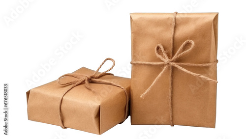 Two brown craft paper wrapped gift boxes, cut out