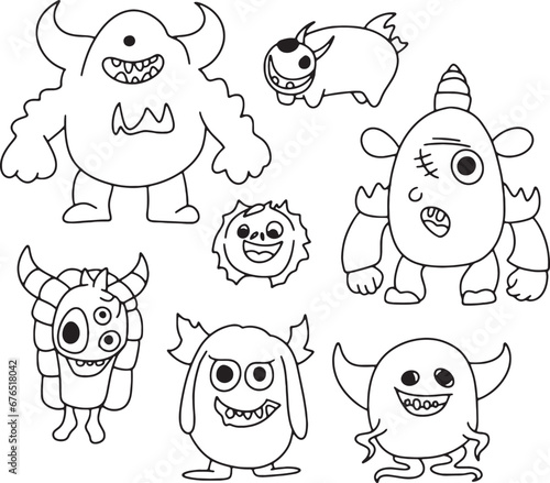 Set of Monsters. Doodle cartoon drawing on white background