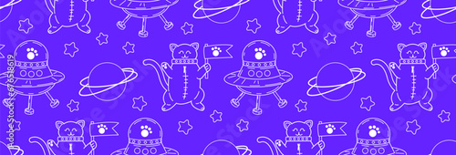 Linear pattern with cute cats in space. Vector seamless pattern of pet characters in doodle style.