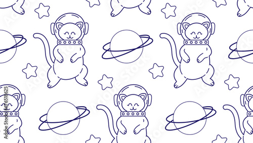 Linear pattern with cute cats in space. Vector seamless pattern of pet characters in doodle style.