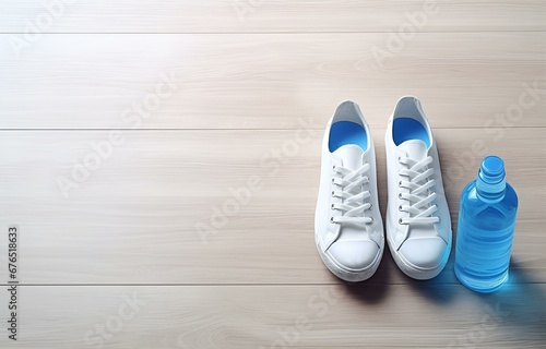 white sneakers and bottle of water on white wooden floor near window for sport fitness card design