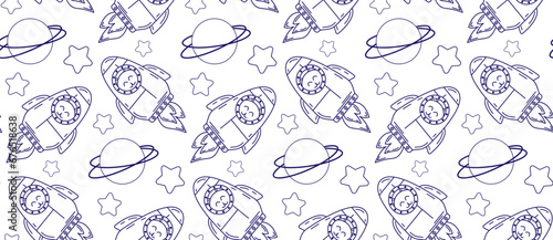 Linear pattern with cute cats in space. Vector seamless pattern of pet characters in doodle style.