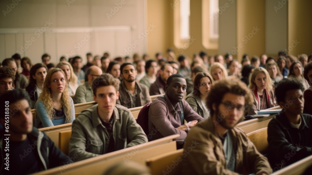 Diverse College Lecture Hall with Active Student Participation - obrazy, fototapety, plakaty 