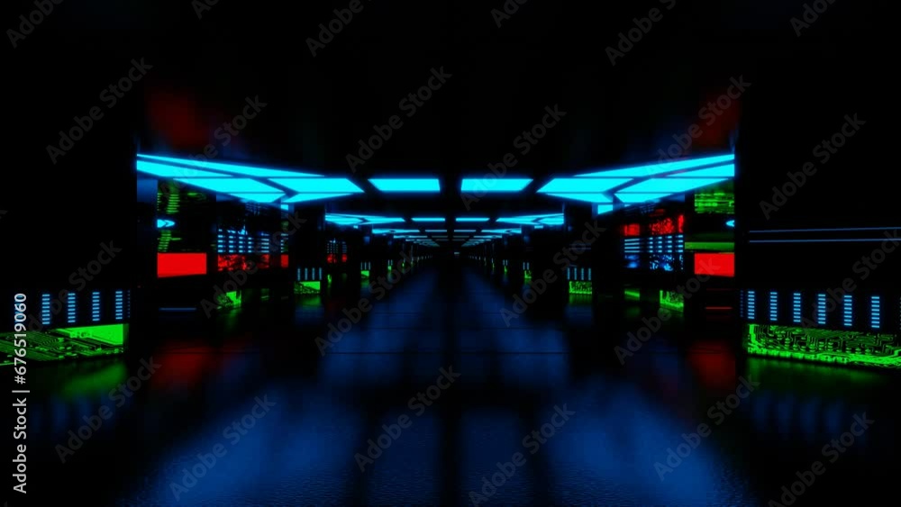 moving along a futuristic dark endless corridor with flashing screens. looped computer animation. 3d render moving along a futuristic dark endless corridor with flashing screens. looped computer animation. 3d render