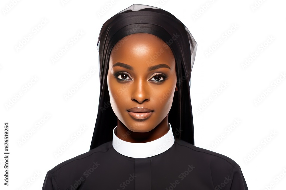 Young Catholic nun - woman in apostolic standing with folded hands quietly smiling sweetly. Catholic nun preparing to serve God in church smiling and rejoicing at opportunity to be useful to people - obrazy, fototapety, plakaty 
