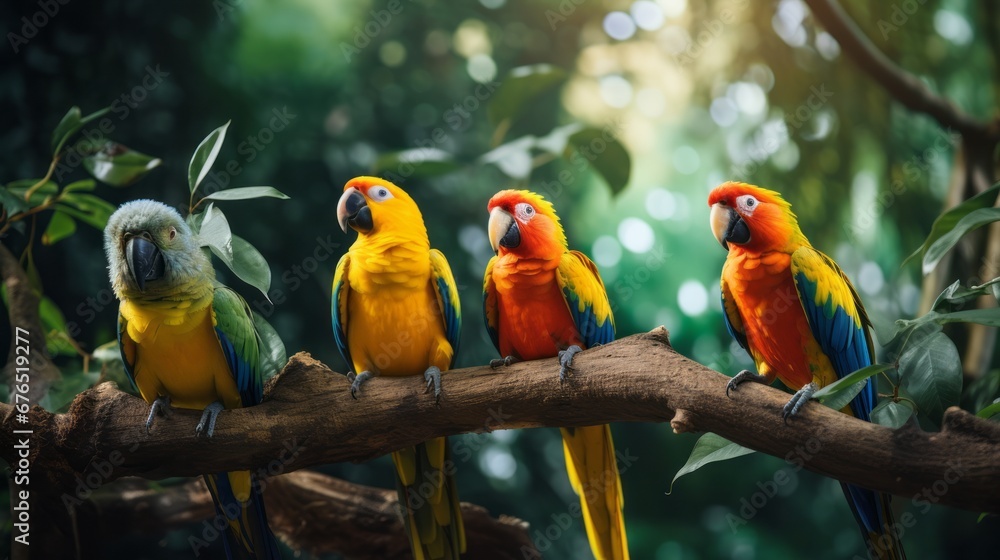 Obraz premium Colorful Parrots Perched in Lush Jungle