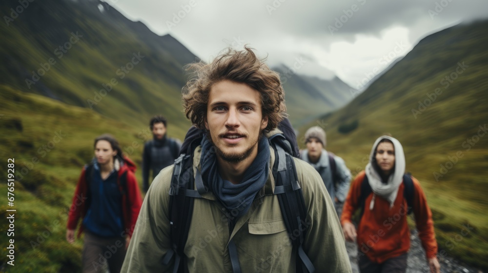 Group of Friends Hiking in Majestic Mountain Landscape