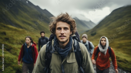 Group of Friends Hiking in Majestic Mountain Landscape