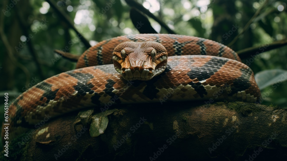 Obraz premium Rainforest Python Coiled Around Tree