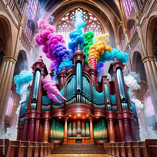 Playing organ with multicolored smoke photo
