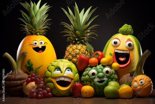 Various happy and smiling fruit cartoon characters