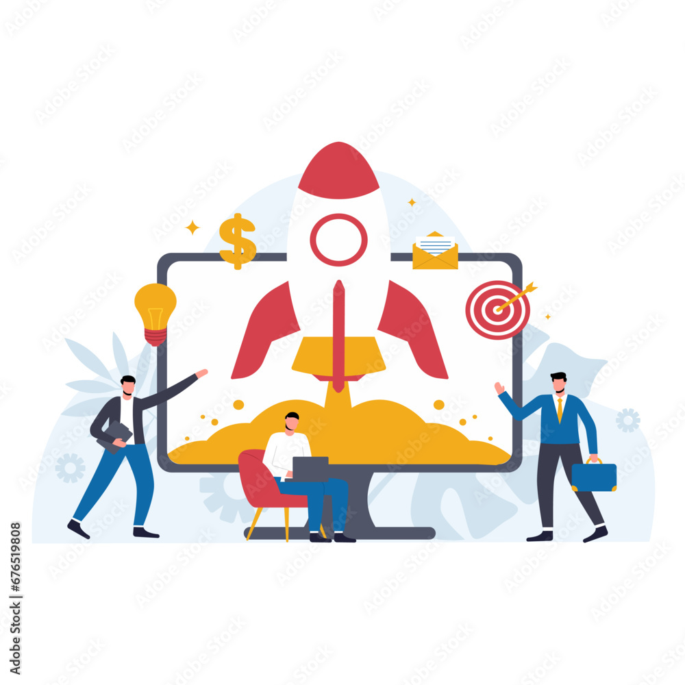 Business startup ilustration vector concept,business launch,project launch,rocket launching,online business startup.Can be used for websites.Isolated object and easy to edit.