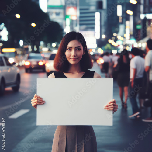 woman hold a white blank sign on busy city street at evening. ai generative