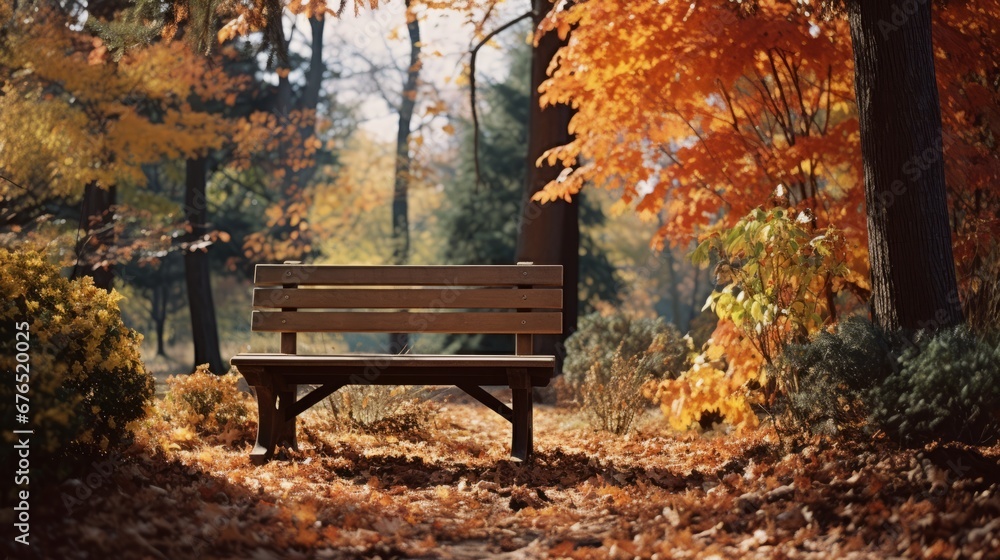 Rustic Wooden Bench Amidst Fall Foliage
