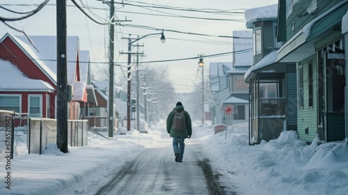 Solitary figure walking in a quiet  snow-covered town