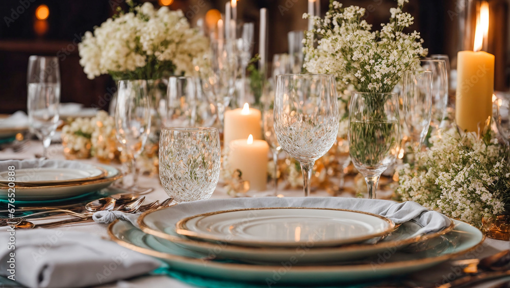 Empty plates, glasses, candles on the table with flowers