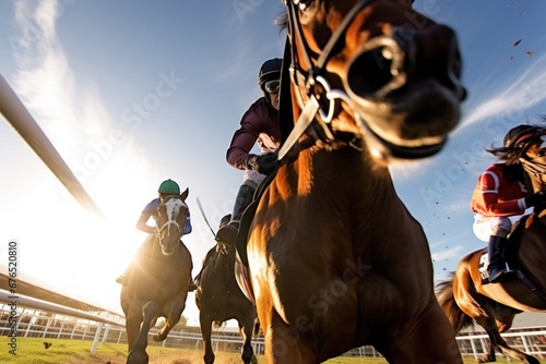 Horse riders compete on horse races for winner place of fastest rider at racetrack with spectators and fans betting. Equestrians pushing horses trying best to win race. Horse racing between opponents photo