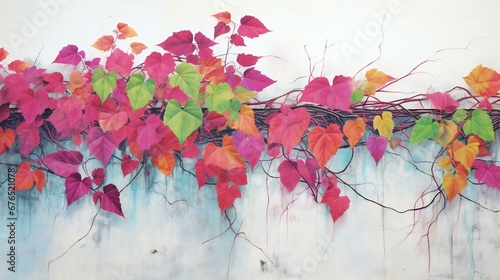 a painting of a vine covered wall with leaves