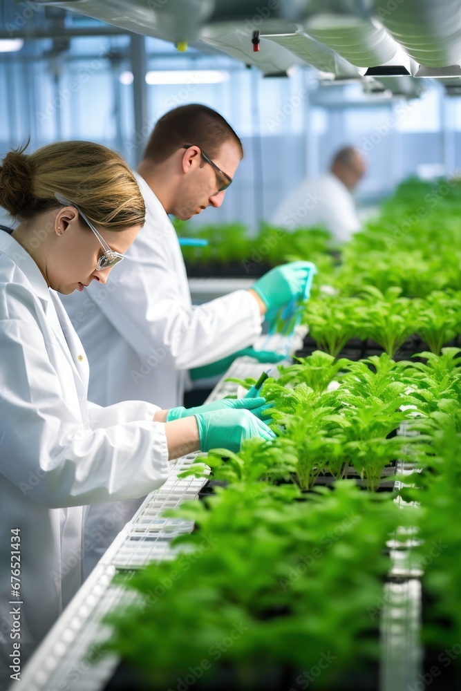 Scientists dressed in special suits with rubber gloves on hands working in modern greenhouse exploring plant growth and recording information. Research scientists plants in greenhouse Scientists dressed in special suits with rubber gloves on hands working in modern greenhouse exploring plant growth and recording information. Research scientists plants in greenhouse