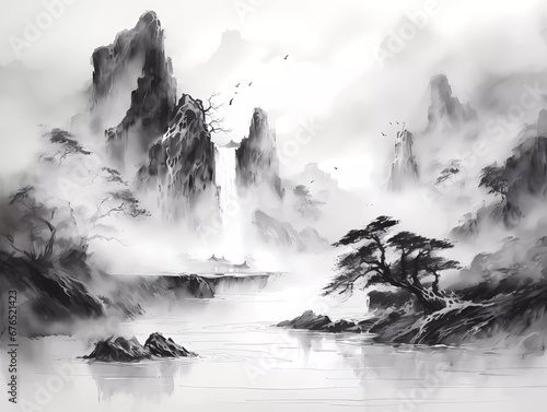 Abstract art drawing by asian style. Black and white landscape, ink drawing.