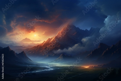 Illustration of isolated mountain from fantasy novel. Generative AI © Tarek