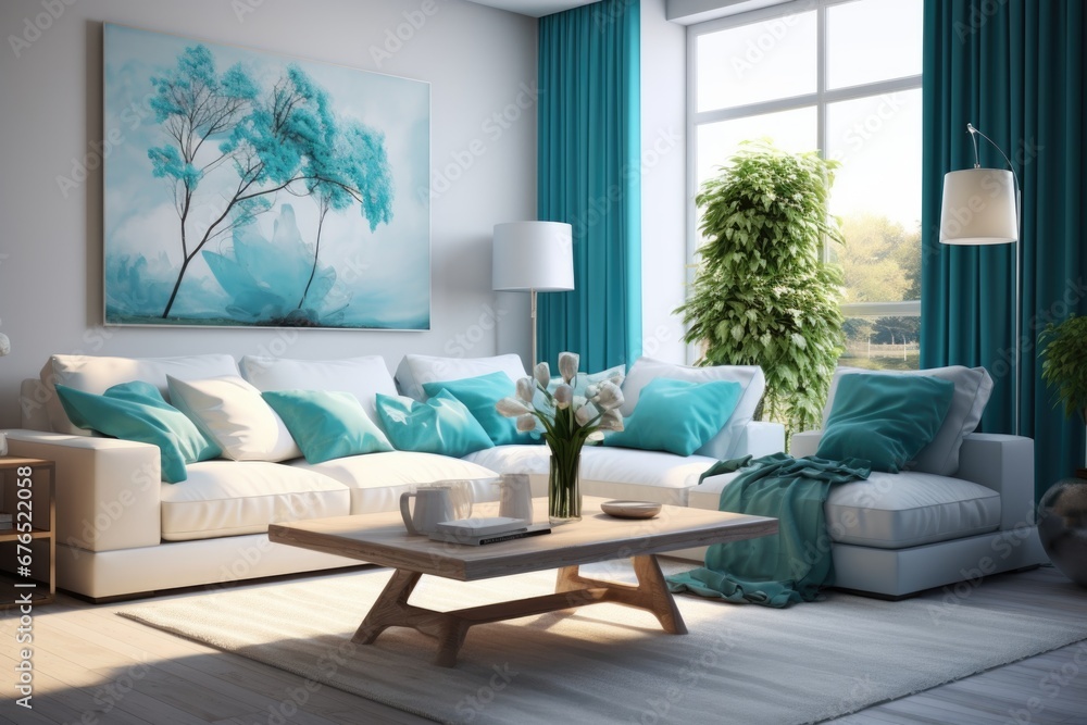 The interior of the living room is turquoise and white The interior of the living room is turquoise and white