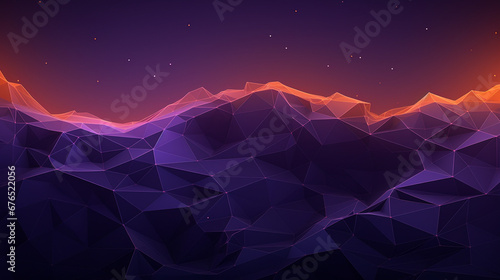 Polygonal abstract futuristic background. Lowpoly structure. Virtual landscape with neon illuminated grid, pyramids, triangular slices in the distance. Geometric purple 3d technology concept.