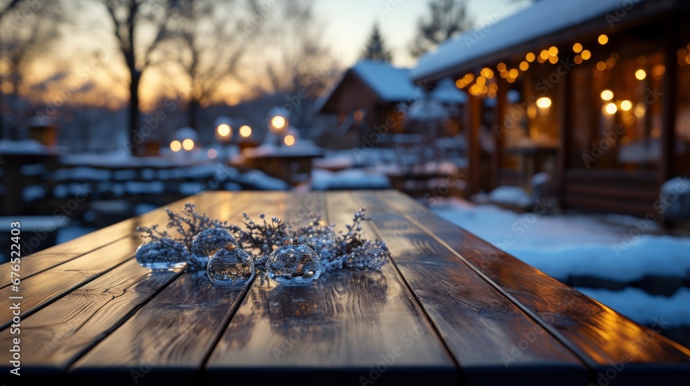 Winter xmas background with empty space on table top in front. Christmas horizontal blank scene. Wooden table top in front, blurred сhristmas tree in the snow. Snowy scene