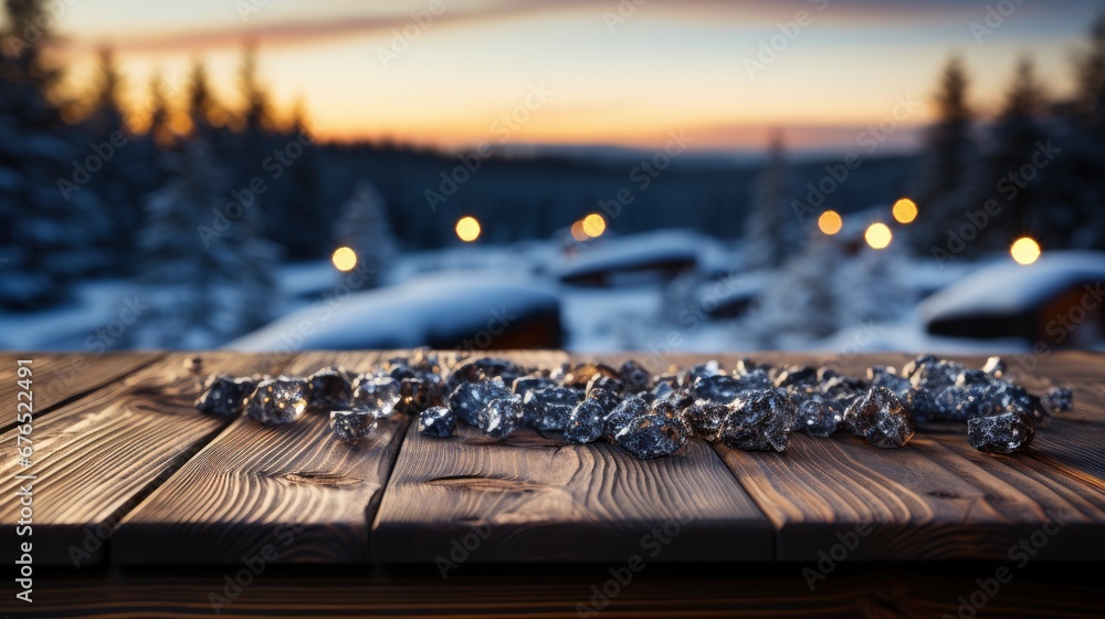 Winter xmas background with empty space on table top in front. Christmas horizontal blank scene. Wooden table top in front, blurred сhristmas tree in the snow. Snowy scene