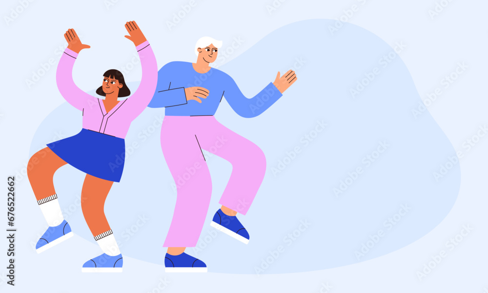 Dancing people vector flat illustration. Guy and girl dancing at a party