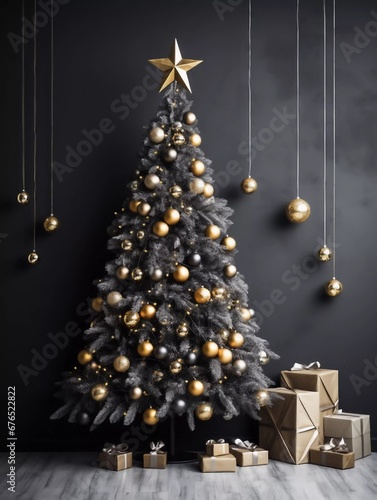 A handmade Christmas tree hanging on a gray wall in the room, AI generator