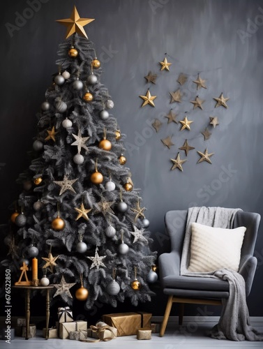A handmade Christmas tree hanging on a gray wall in the room, AI generator