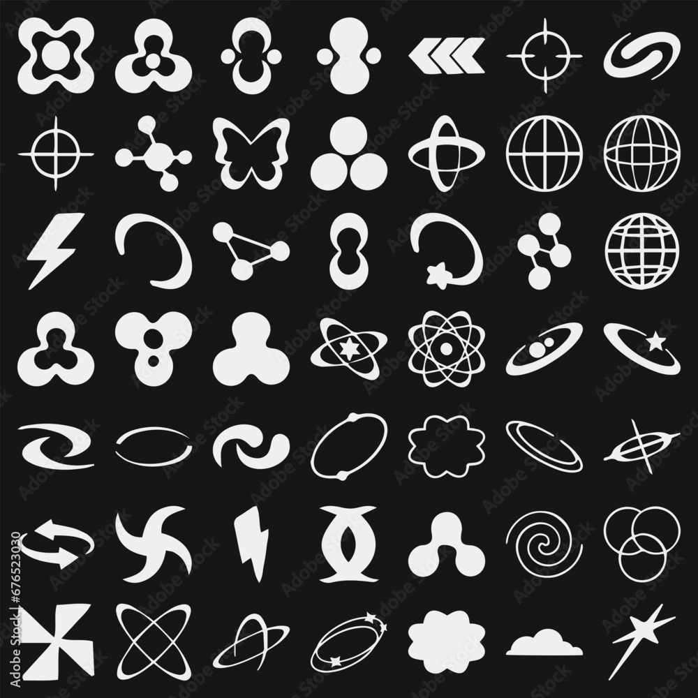Cool Hand-Drawn Brutalism Icons Collection. Set of Y2K Shapes. Abstract Symbols.