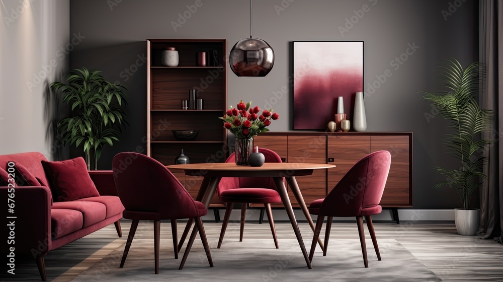 The interior of the living room with a dining table and burgundy upholstered furniture The interior of the living room with a dining table and burgundy upholstered furniture