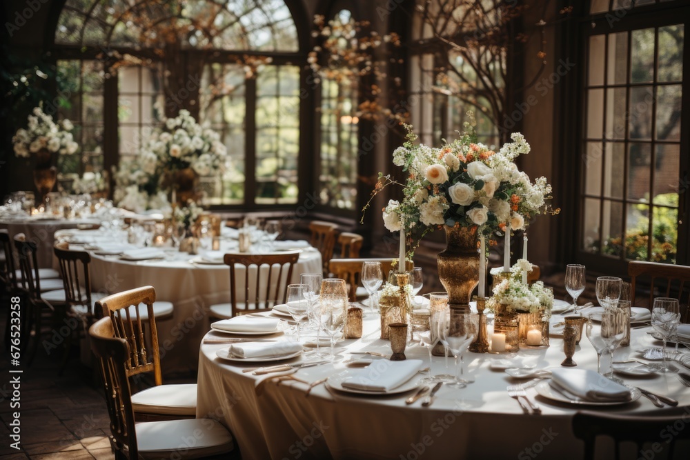 Interior of the banquet hall with set tables Interior of the banquet hall with set tables