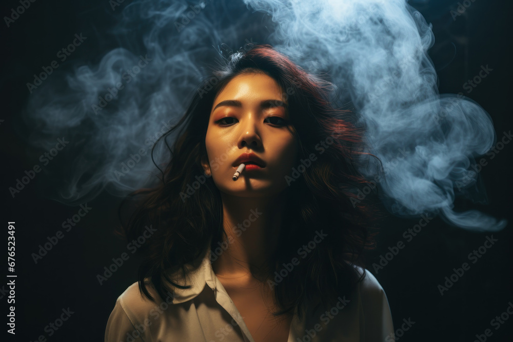 Girl with nicotine addiction smokes a cigarette ai generative Girl with nicotine addiction smokes a cigarette ai generative