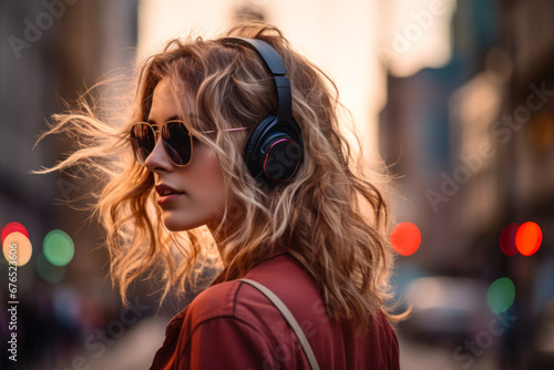beautiful girl in sunglasses and headphones walks around the city ai generative