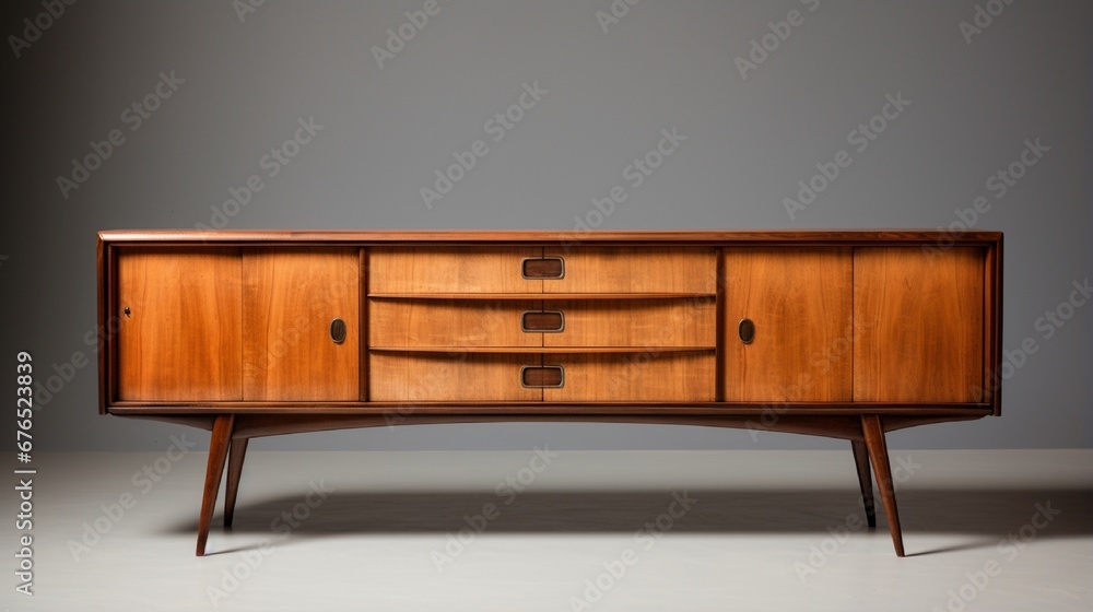 a mid-century modern sideboard in walnut wood with tapered legs and brass hardware. a mid-century modern sideboard in walnut wood with tapered legs and brass hardware.