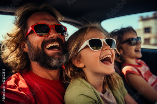 cheerful family rides in a car ai generative