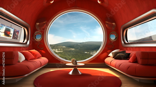 cozy living room on a space ship oval shaped window wth a stunning view of the earth Generative Ai