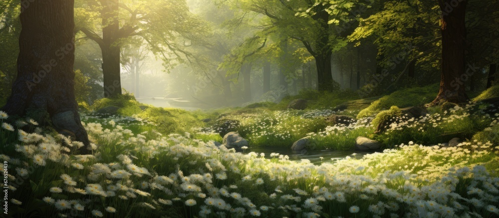 In the picturesque landscape of a lush forest a beautiful garden emerges with a vibrant array of white floral blooms set against the backdrop of towering trees and verdant green grass showc In the picturesque landscape of a lush forest a beautiful garden emerges with a vibrant array of white floral blooms set against the backdrop of towering trees and verdant green grass showc